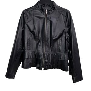 Boston Proper Black Leather Zip-Up Jacket with Ruffle Hem Size 12